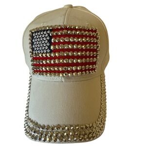 USA Flag Rhinestone Baseball Cap White Cotton Patriotic Bling Hat Adjustable